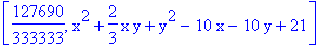 [127690/333333, x^2+2/3*x*y+y^2-10*x-10*y+21]